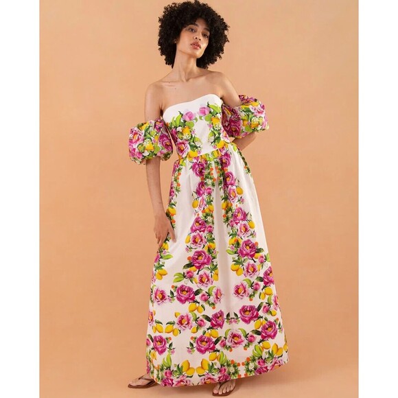 NWT. $1K BORGO DE NOR Pink Juliet Floral Print Off-shoulder Dress SZ 12 white - Picture 1 of 10